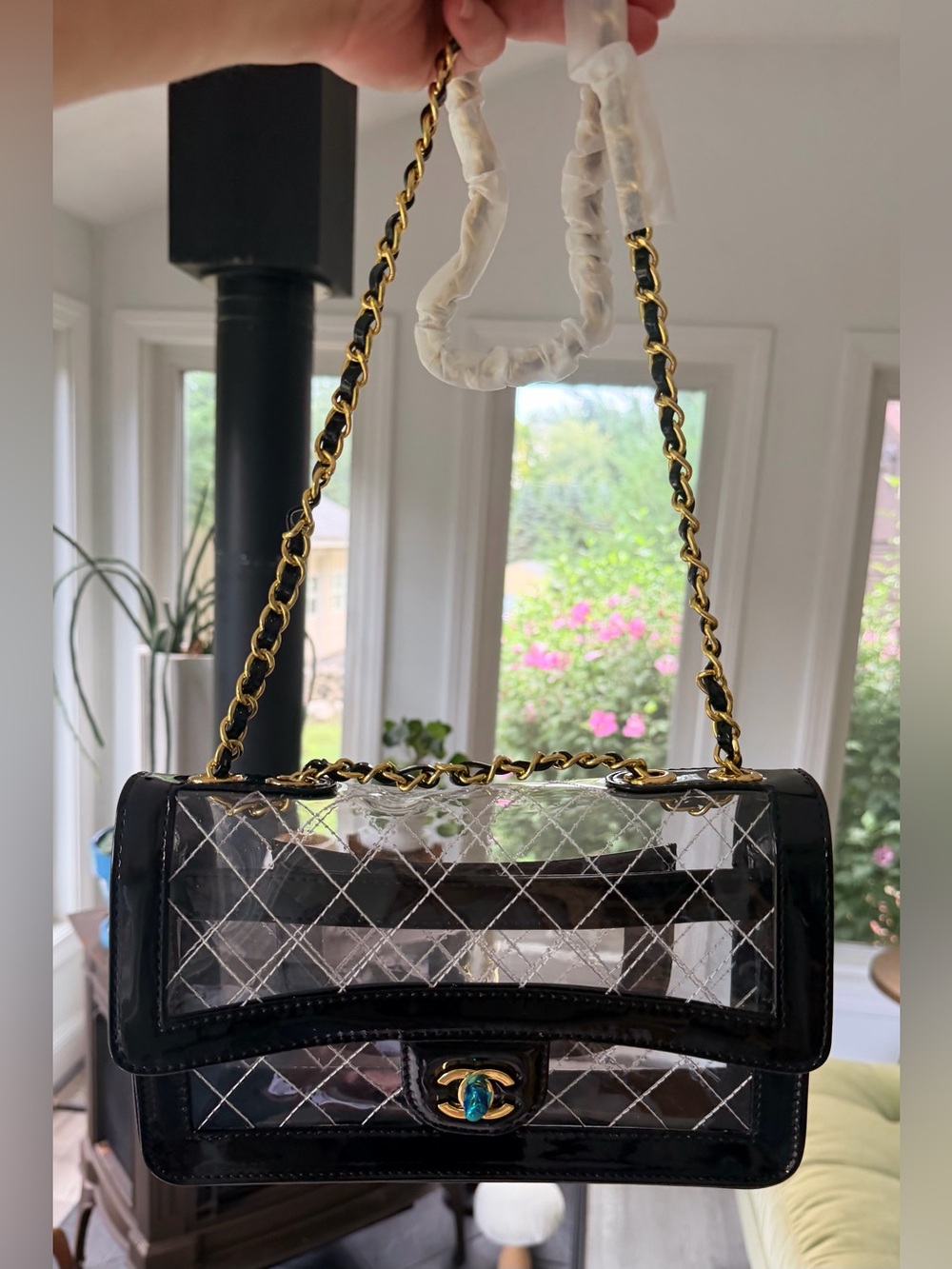 FULL SET Brand NEW Chanel Transparent Bag w Black Patent Leather & Gold Hardware